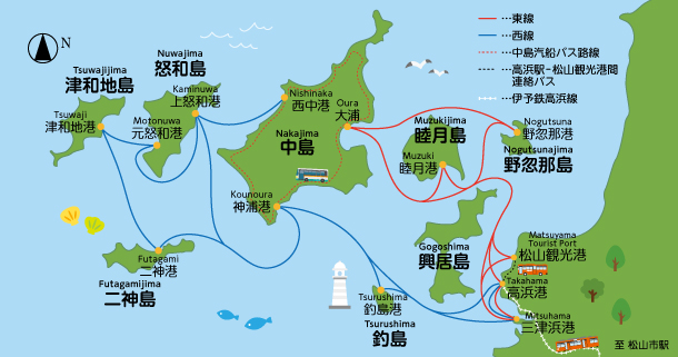 中島へのフェリー・高速船の航路